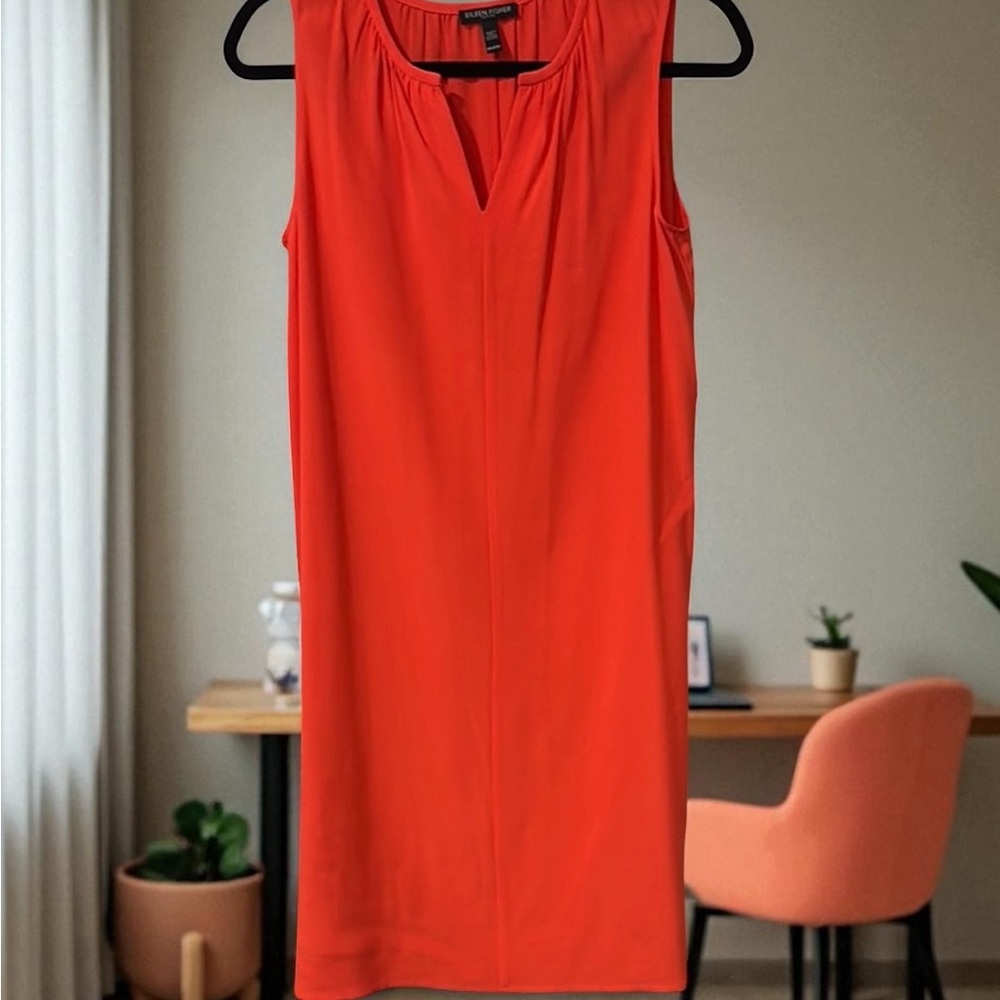 Eileen Fisher Petite Corpcore Vibrant Orange Midi shift Dress v neck